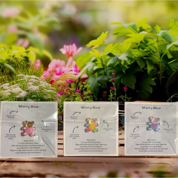 No Label Jewelry - Worry Bears Set of 3 Bundle Miniature Anxiety Sensory Therapy Pink Yellow Blue
